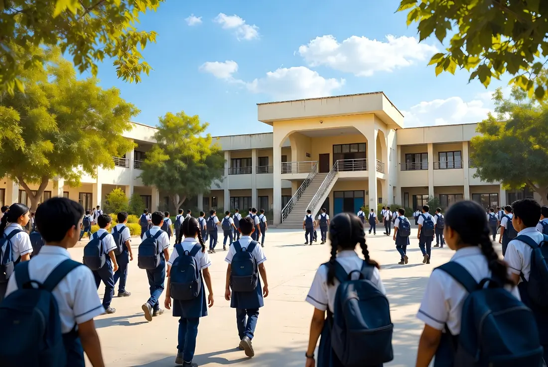 School students in uniform walking towards building on sunny day showing Sindh Schools six-day week schedule