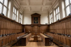 Empty British High Court courtroom with scales of justice during solicitor fraud case judgment