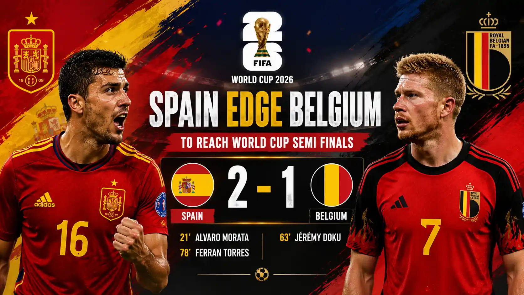 Spain players celebrate after defeating Belgium in the FIFA World Cup 2026 quarter final, Spain Belgium