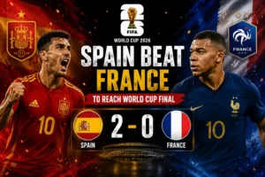 Spain players celebrate after defeating France 2-0 in the Spain France FIFA World Cup 2026 semi final.