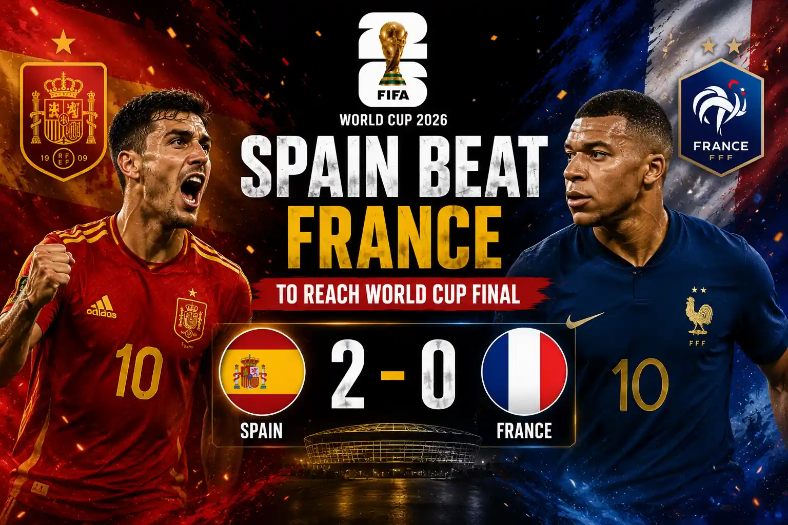 Spain players celebrate after defeating France 2-0 in the Spain France FIFA World Cup 2026 semi final.