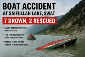 Swat Boat Accident showing a capsized tourist boat and rescue teams at Saifullah Lake in Swat.