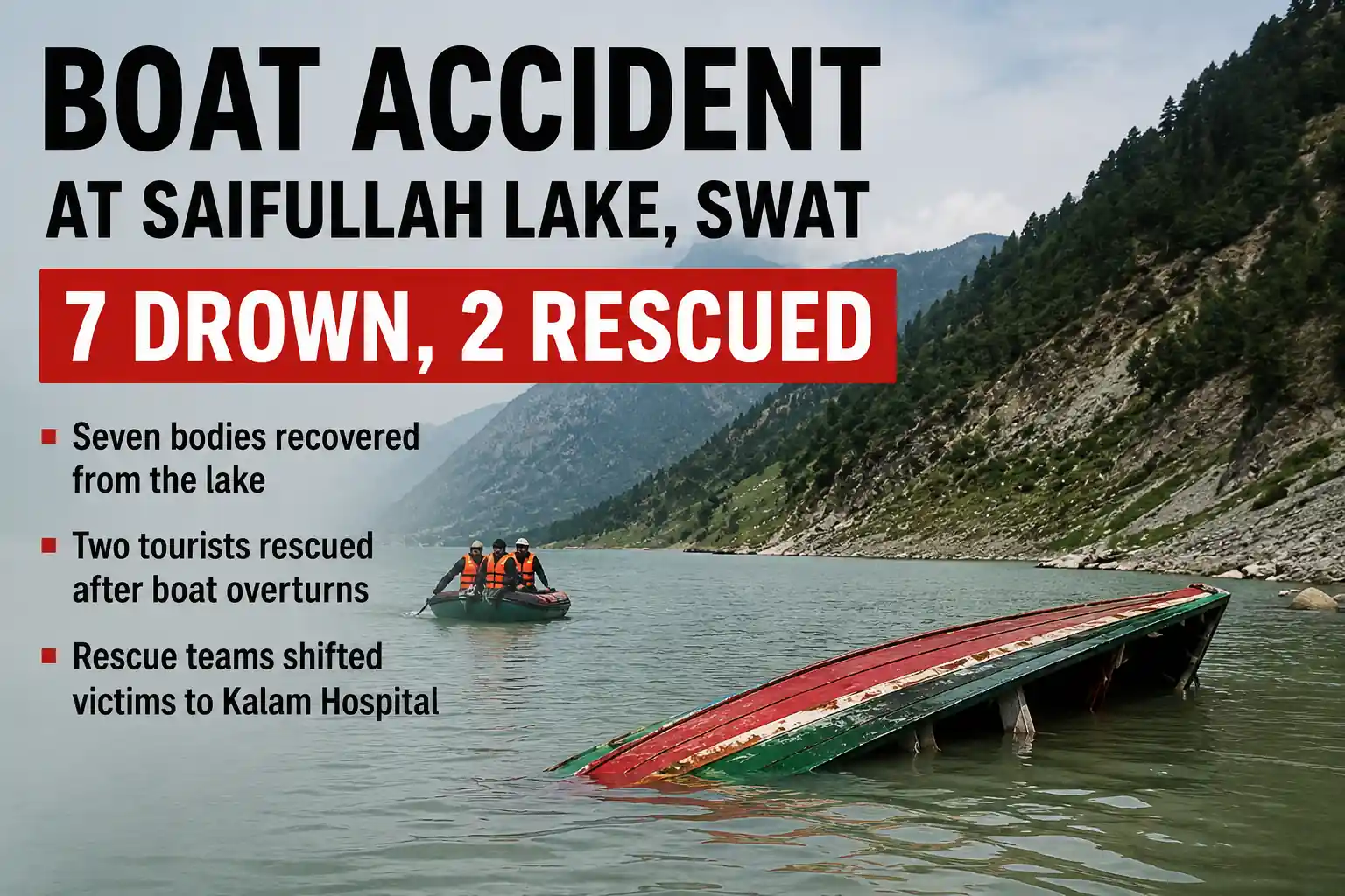 Swat Boat Accident showing a capsized tourist boat and rescue teams at Saifullah Lake in Swat.