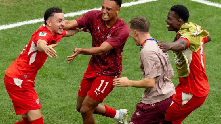 Switzerland World Cup players celebrate after defeating Colombia in a penalty shootout to reach the 2026 FIFA World Cup quarter final.