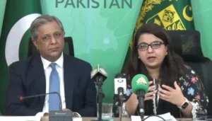 IT Minister Shaza Fatima Khawaja addresses a press conference on the Telecom Bill alongside Law Minister Azam Nazeer Tarar in Islamabad.