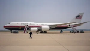 Trump Air Force One aircraft parked on the runway before undergoing planned security upgrades.