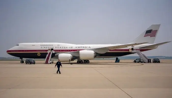Trump Air Force One aircraft parked on the runway before undergoing planned security upgrades.