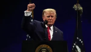 Donald Trump delivers the Trump Anniversary Speech during the United States' 250th Independence Day celebration in Washington, DC.