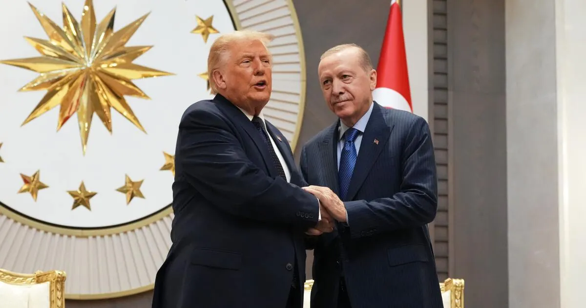 US President Donald Trump shakes hands with Turkish President Recep Tayyip Erdogan during talks on Trump Turkiye relations and F 35 fighter jet discussions.