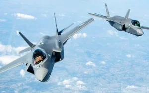 Turkiye F-35 fighter jets flying in formation during a military training mission.