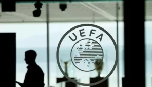 UEFA logo pictured as European teams threaten a UEFA World Cup boycott over FIFA investment plans