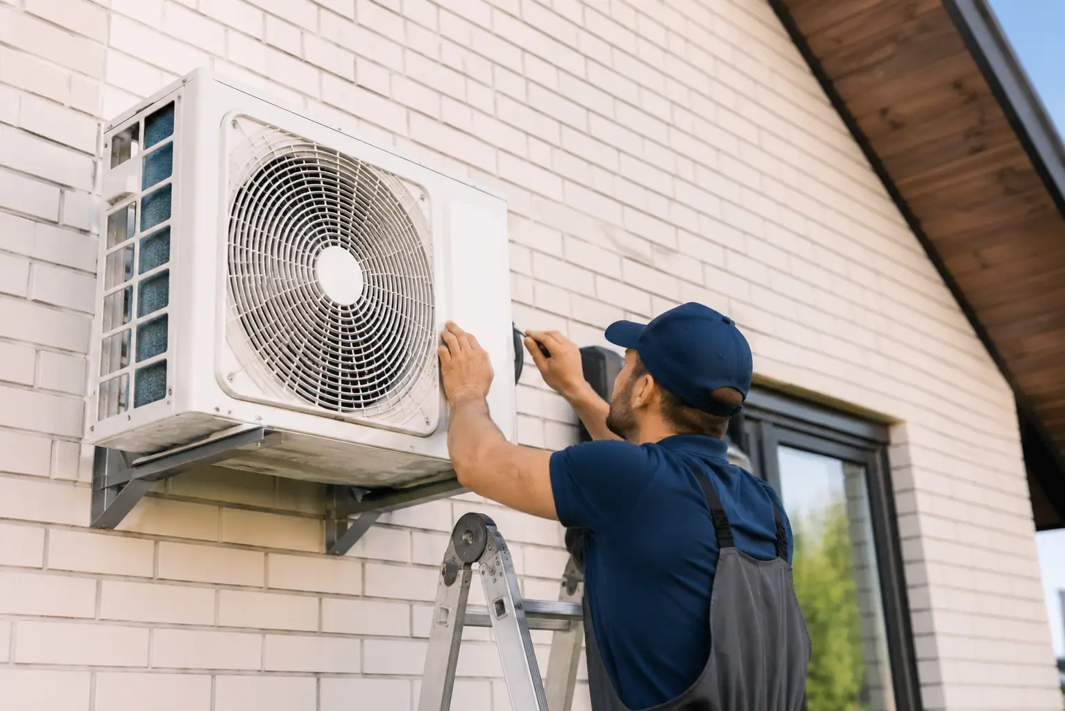 Technician installing a UK air conditioning unit at a residential home during a summer heatwave.