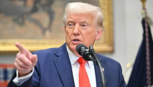 US President Donald Trump gestures during a press conference while addressing the ongoing US Iran conflict and strategic military decisions.