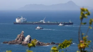Oil tanker sailing through the Strait of Hormuz amid US Iran Strikes and heightened regional tensions.