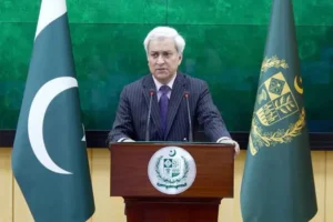 Foreign Office spokesperson Tahir Hussain Andrabi addressing a press briefing on US Iran Talks and Pakistan's diplomatic efforts.