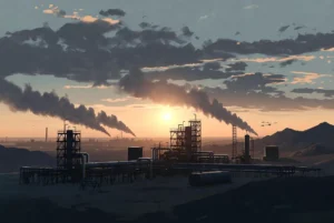 Dramatic landscape view of an oil facility with rising smoke trails at sunset related to US Saudi Strikes in the Middle East