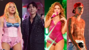 World Cup Half Time show featuring Madonna, BTS, Shakira, and Justin Bieber during the 2026 FIFA World Cup final.