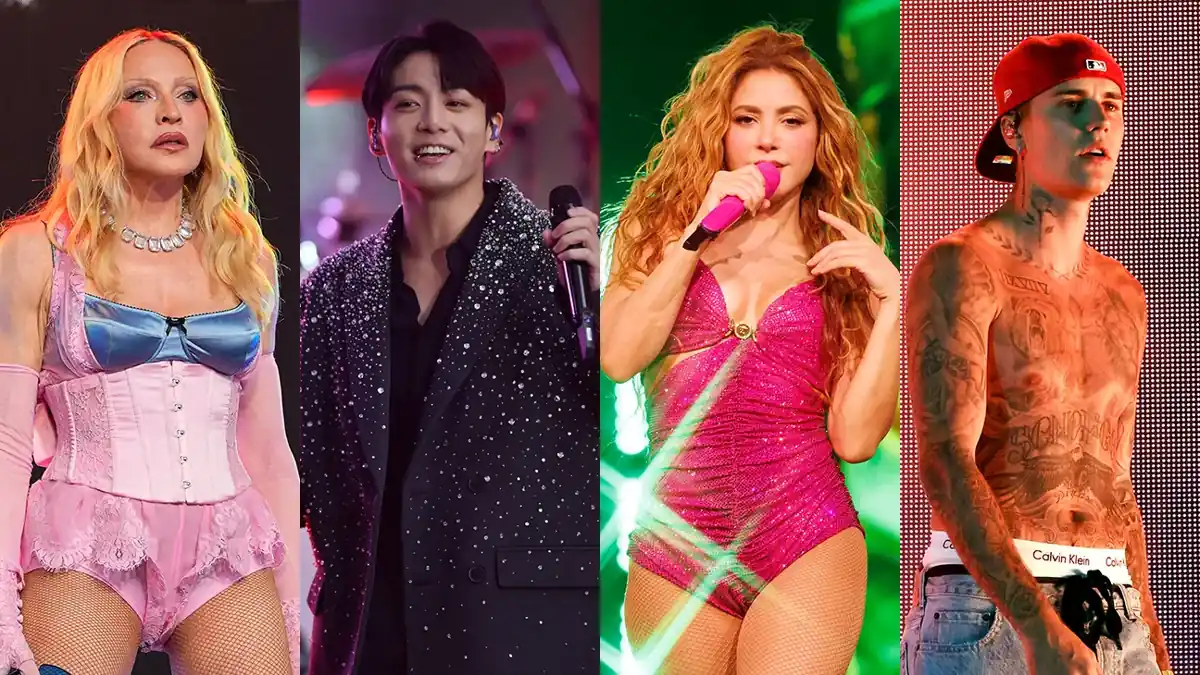 World Cup Half Time show featuring Madonna, BTS, Shakira, and Justin Bieber during the 2026 FIFA World Cup final.