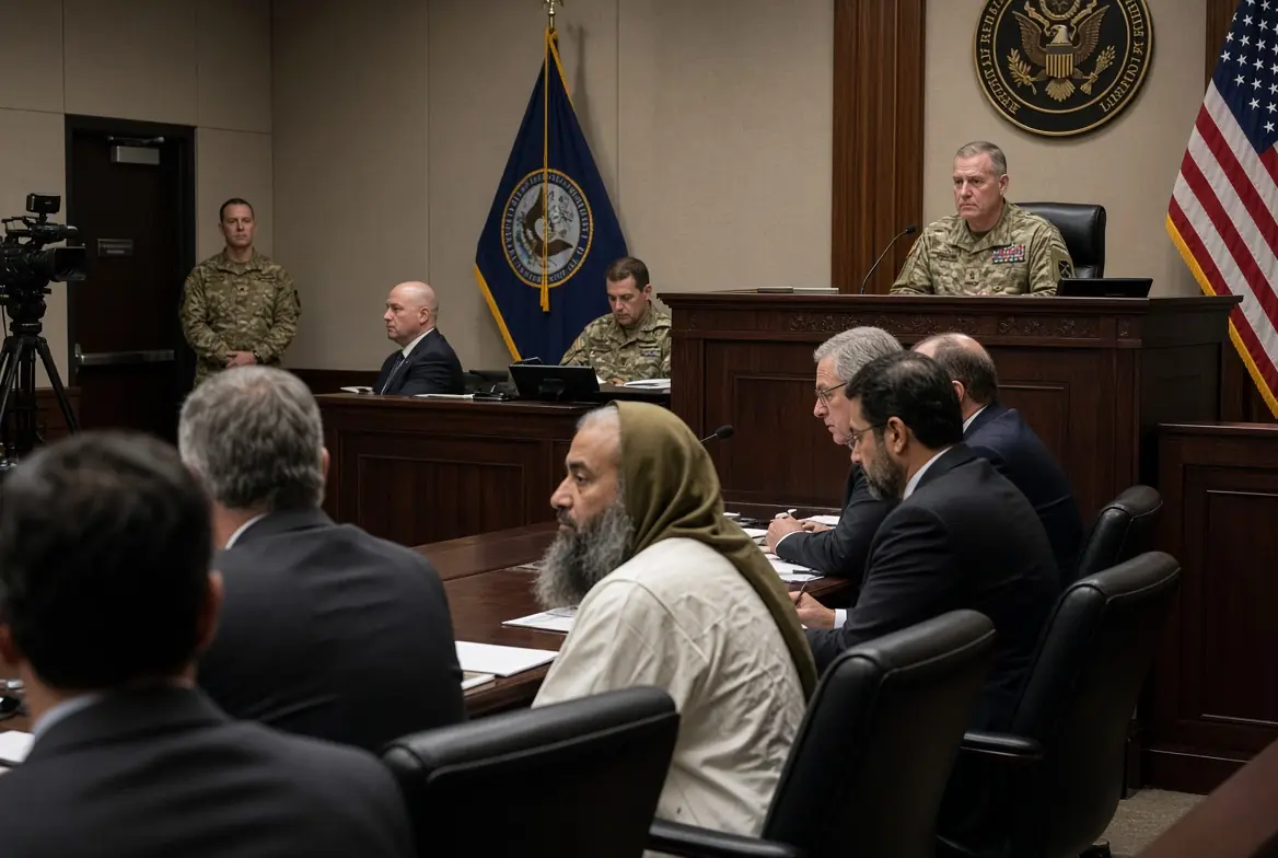 Military courtroom at Guantanamo Bay during 9/11 confession ruling hearing with judge and defendants including Khalid Sheikh Mohammed