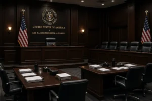 Empty US military courtroom at Guantanamo Bay prepared for the 9/11 Trial, showing the judge’s bench, American flags, and counsel tables with legal documents.