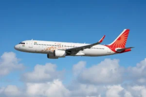 Air India pilot related Airbus A320 aircraft flying in clear blue sky with white clouds high quality aviation photo