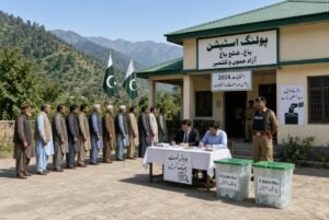 Voters in orderly line at polling station during AJK Bagh polling in Bagh district Azad Jammu and Kashmir with ballot boxes and police