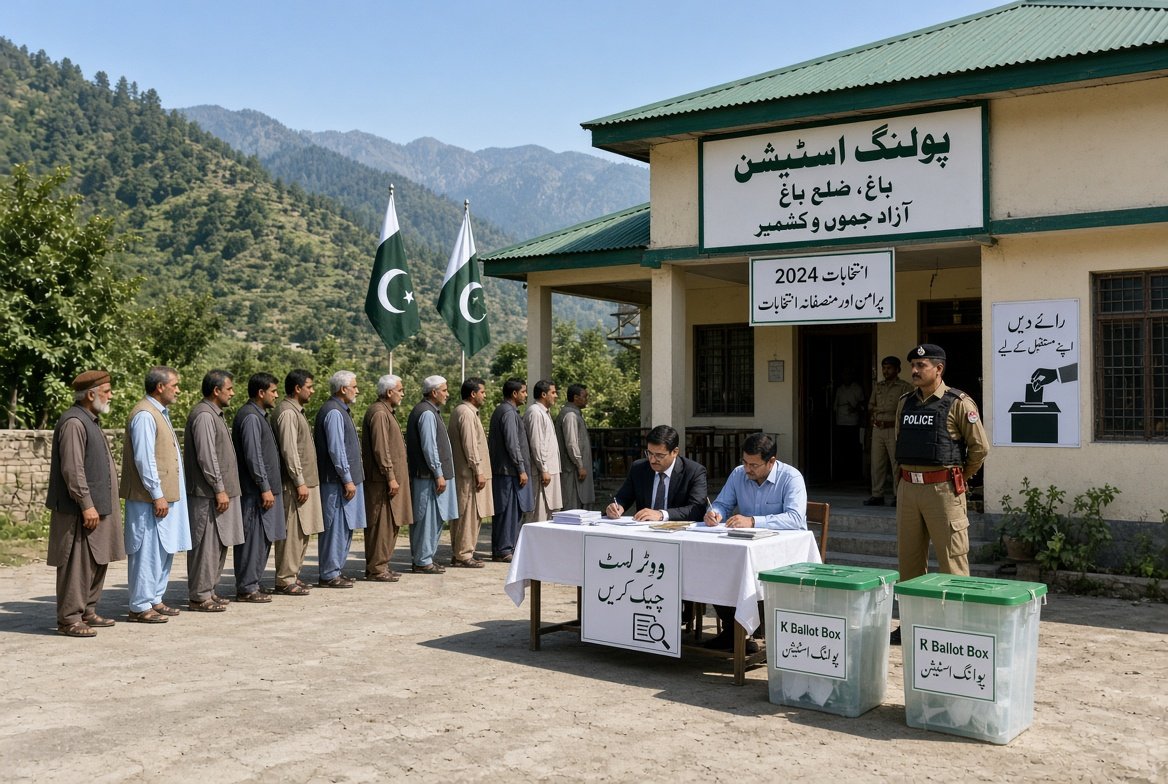 Voters in orderly line at polling station during AJK Bagh polling in Bagh district Azad Jammu and Kashmir with ballot boxes and police