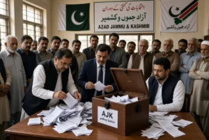 Election officials counting ballots at AJK polling station during AJK election results process with Pakistan and Azad Jammu Kashmir flags in background