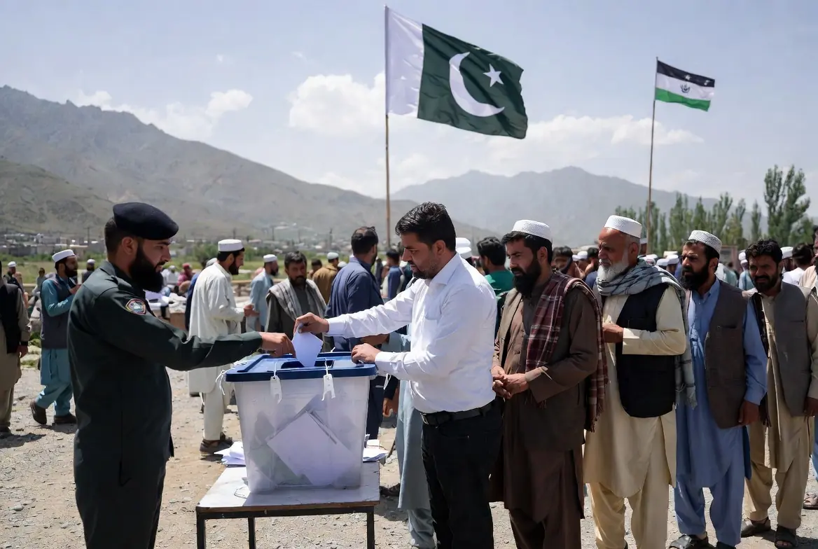 Voter casting ballot into box during AJK elections at outdoor polling station with Pakistani and AJK flags against mountain backdrop