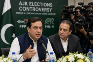 PPP and PML-N leaders discussing AJK elections rigging allegations at a press conference with Pakistani flags and media cameras