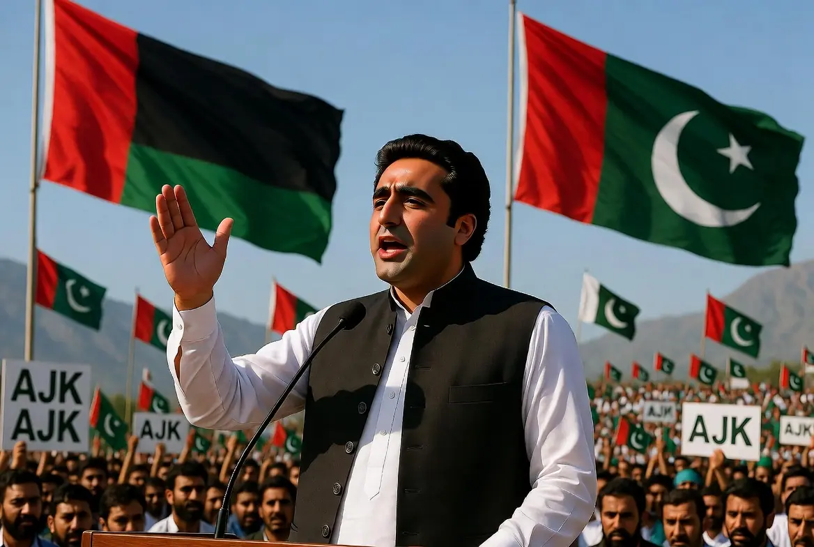 Bilawal Bhutto-Zardari addressing supporters at a rally after AJK elections with PPP and Pakistani flags in Muzaffarabad