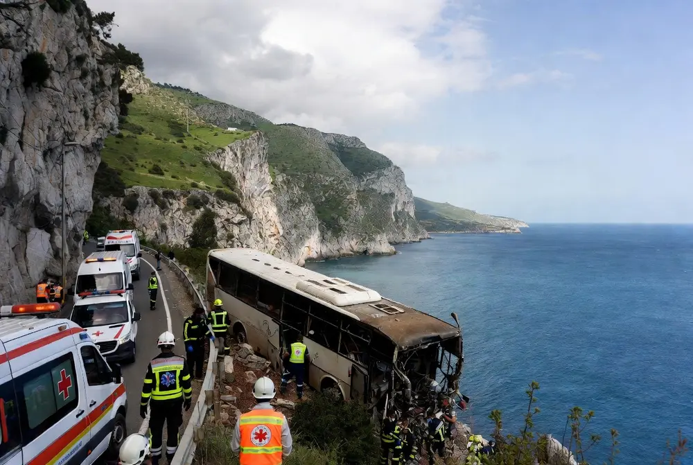 Emergency responders and ambulances at the scene of Algeria bus crash near Boumerdes coastal ravine