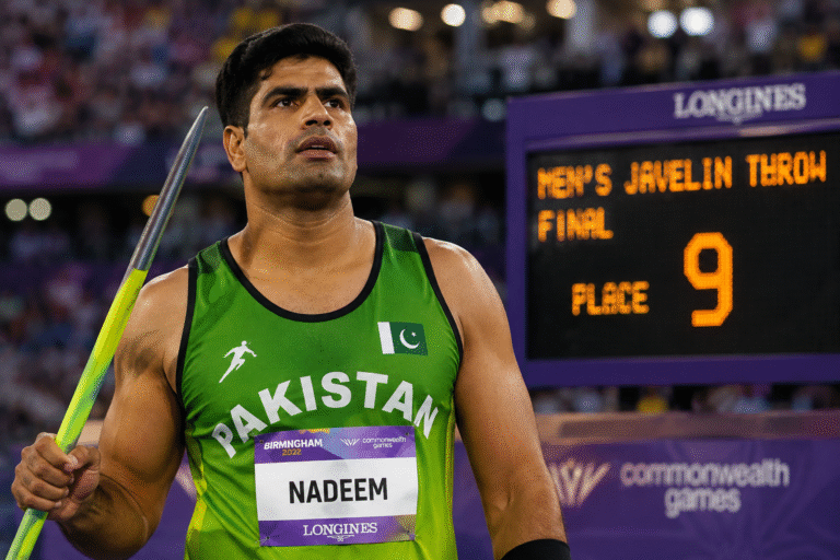 Arshad Nadeem holding a javelin during the Commonwealth Games 2026 men's javelin final after finishing ninth.