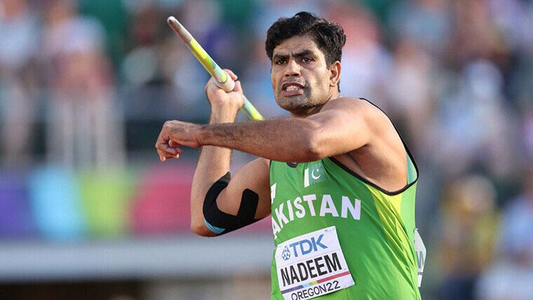 Arshad Nadeem of Pakistan preparing to throw the javelin during an international athletics competition.