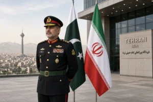 Field Marshal Asim Munir in formal military uniform standing with Pakistani and Iranian flags during his official visit to Tehran for peace talks