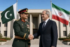 Asim Munir Tehran visit showing Field Marshal Asim Munir in military uniform shaking hands with Iranian President outside official building with Pakistan and Iran flags