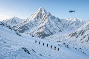 High-altitude rescue team searching snowy slopes of Spantik peak during Asma Mushtaq recovery mission with helicopter support