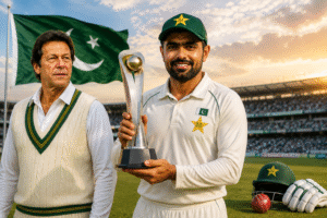 Babar Azam holding a Player of the Series trophy during a Test cricket celebration after matching Imran Khan's record for the most Player of the Series awards by a Pakistani cricketer.