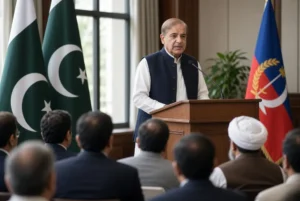 Prime Minister Shehbaz Sharif addressing audience at podium during Balochistan dialogue workshop in Islamabad with Pakistani flags