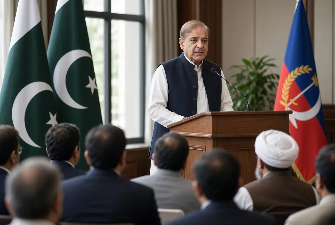 Prime Minister Shehbaz Sharif addressing audience at podium during Balochistan dialogue workshop in Islamabad with Pakistani flags