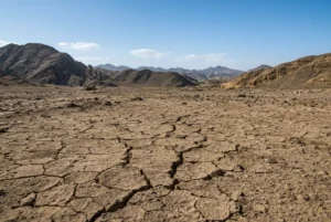 Cracked dry earth and arid mountains showing effects of Balochistan earthquake near Zhob and Chaman