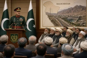 Field Marshal Syed Asim Munir in military uniform addressing Balochistan political leaders and notables at a formal meeting promoting Balochistan peace and development with Pakistani flags and province map in background