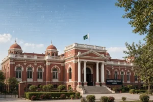 Exterior view of Lahore High Court building with digital data elements symbolising the Bank Data Property ruling on customer information protection