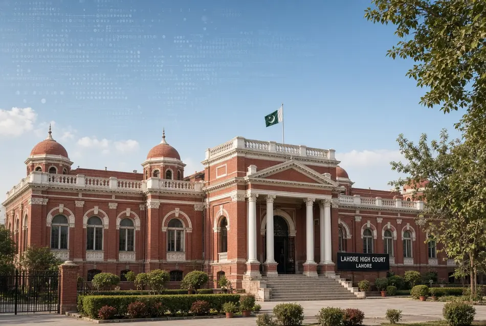Exterior view of Lahore High Court building with digital data elements symbolising the Bank Data Property ruling on customer information protection