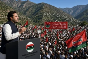 Bilawal Bhutto-Zardari addresses large public rally in Bagh AJK on AJK government formation with PPP flags and supporters