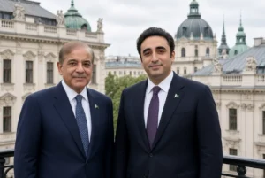 President Asif Ali Zardari and Bilawal Bhutto Zardari in formal attire during Bilawal Engagement talks in Vienna Austria