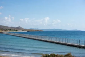 Border fence extending into the Mediterranean Sea at Ceuta during the Ceuta migrant rush crisis