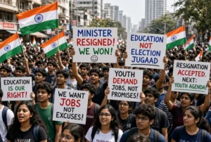 Young Indian protesters holding placards and waving national flags during Cockroach Protests demanding jobs, education reforms and accountability
