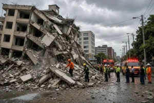 Rescue workers and emergency teams search rubble of collapsed buildings after powerful Colombia earthquake in western city
