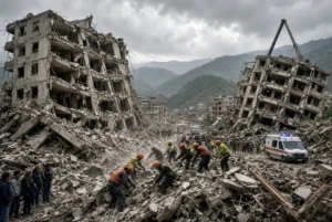 Rescue workers in helmets dig through collapsed building rubble during Colombia earthquake aftermath in Pereira and Cali with emergency vehicles and damaged structures in background